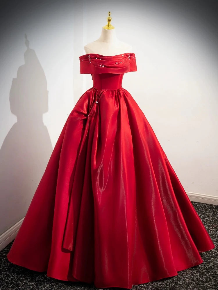 Model wearing an elegant A-line off-shoulder satin long prom dress.