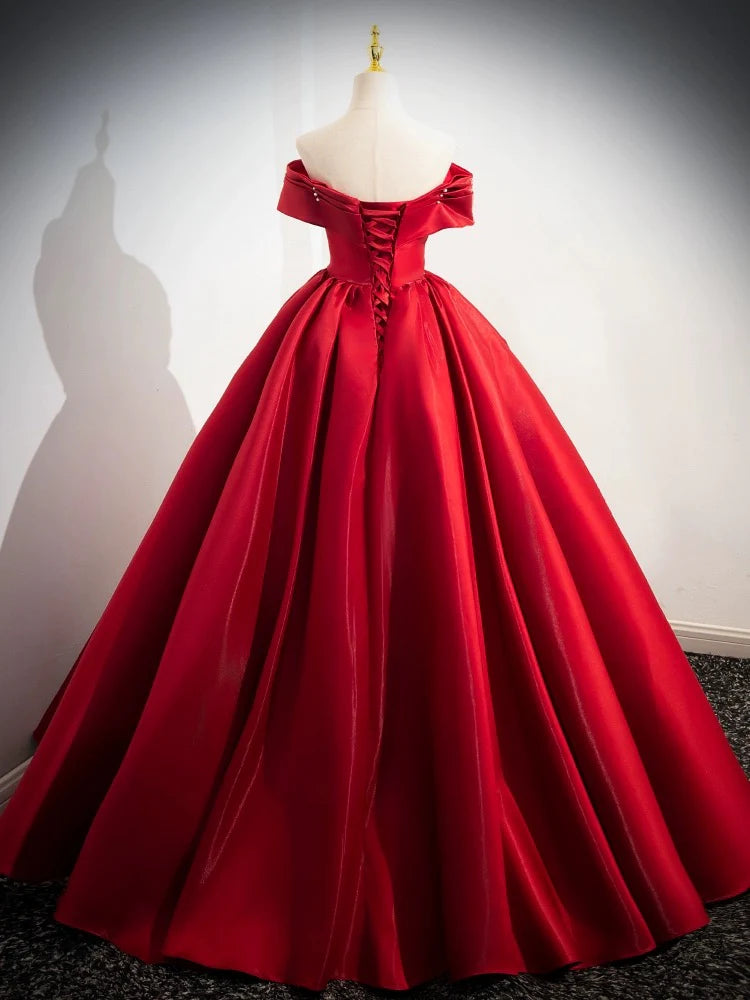 Back view of the A-line off-shoulder satin long prom dress.