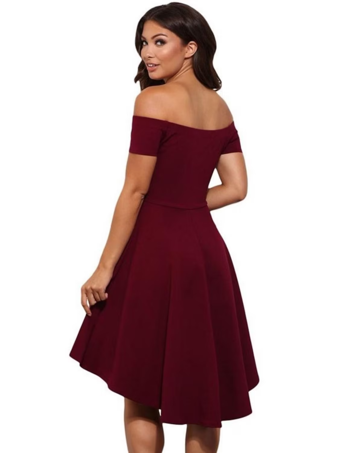 Back view of the A-line off-shoulder short sleeve stretch satin mini dress.