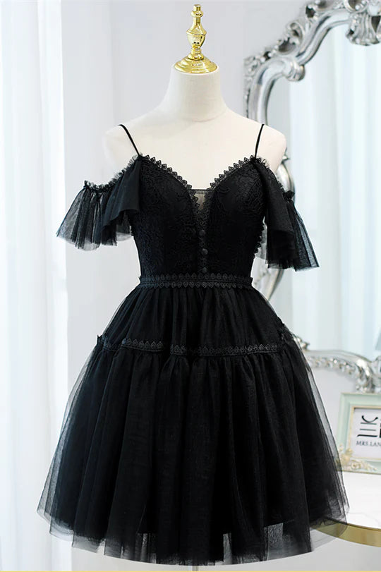 Back view of the A-line plunging V-neck tulle straps short homecoming dress.