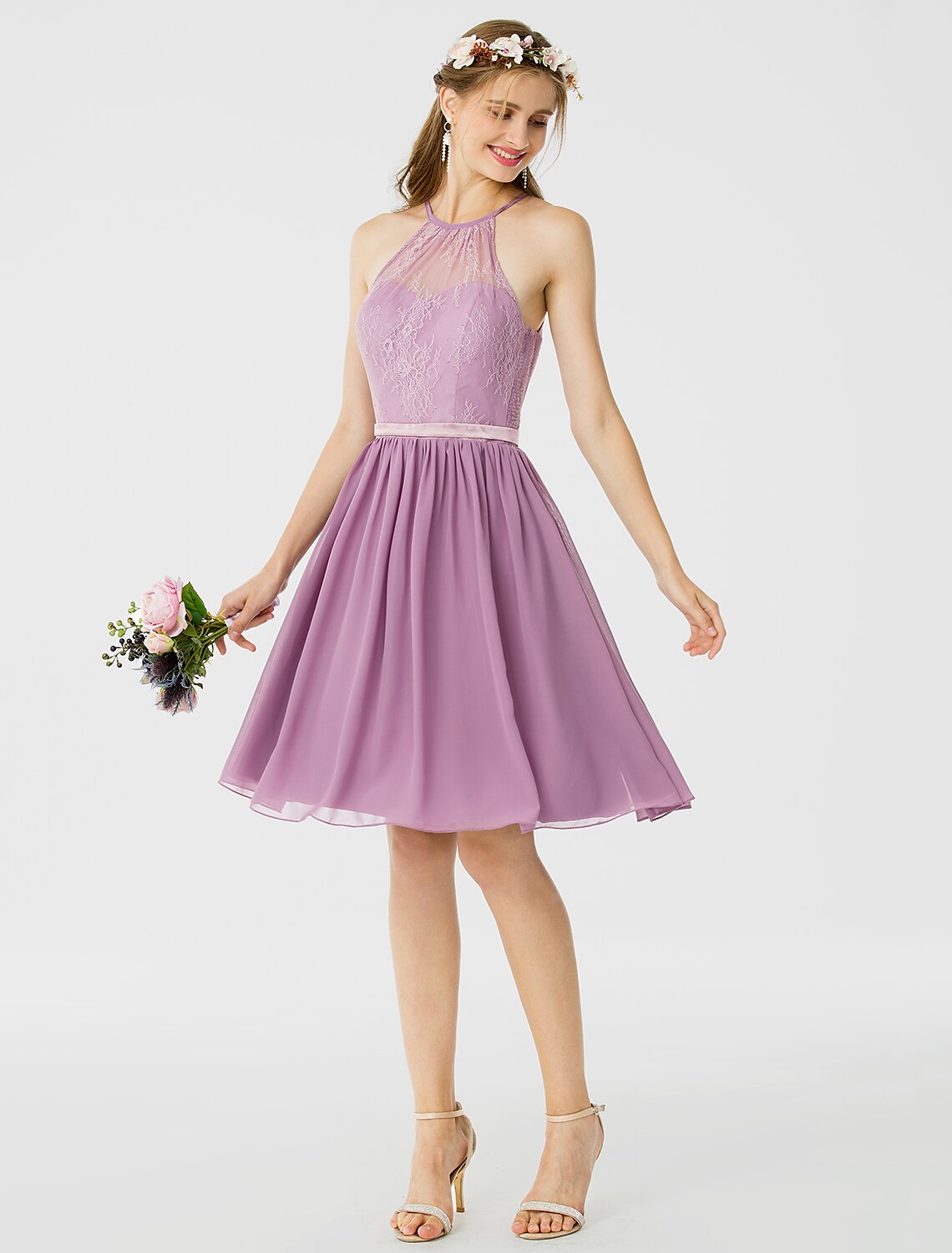 Detail of sash and pleats on A-Line bridesmaid dress.