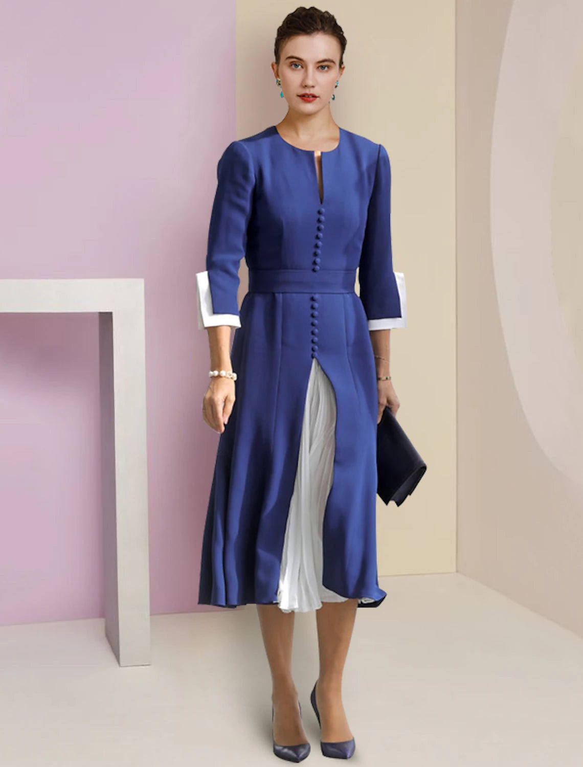 Front view of the A-Line tea length dress.