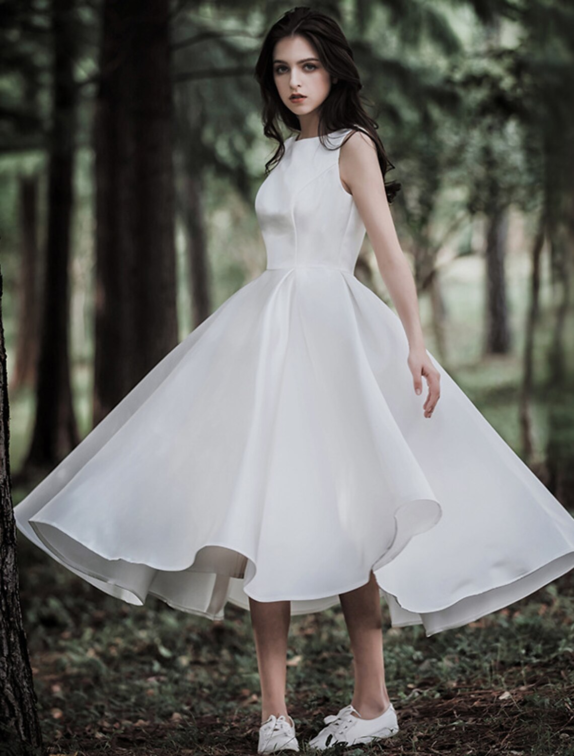 Elegant A-line white satin tea length reception wedding dress with scoop neck.