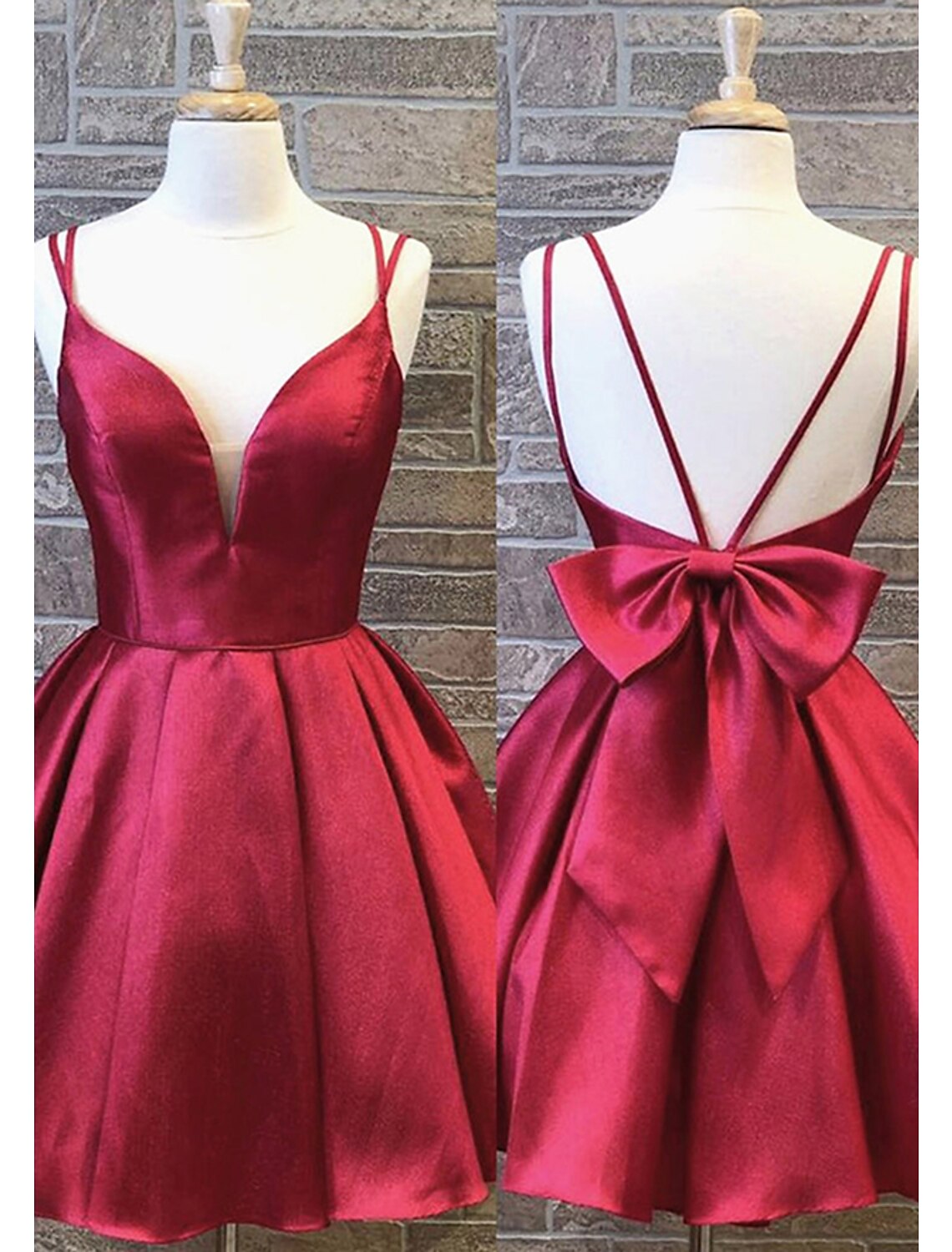 Model wearing an elegant A-line charmeuse homecoming dress with spaghetti straps and bow detail.