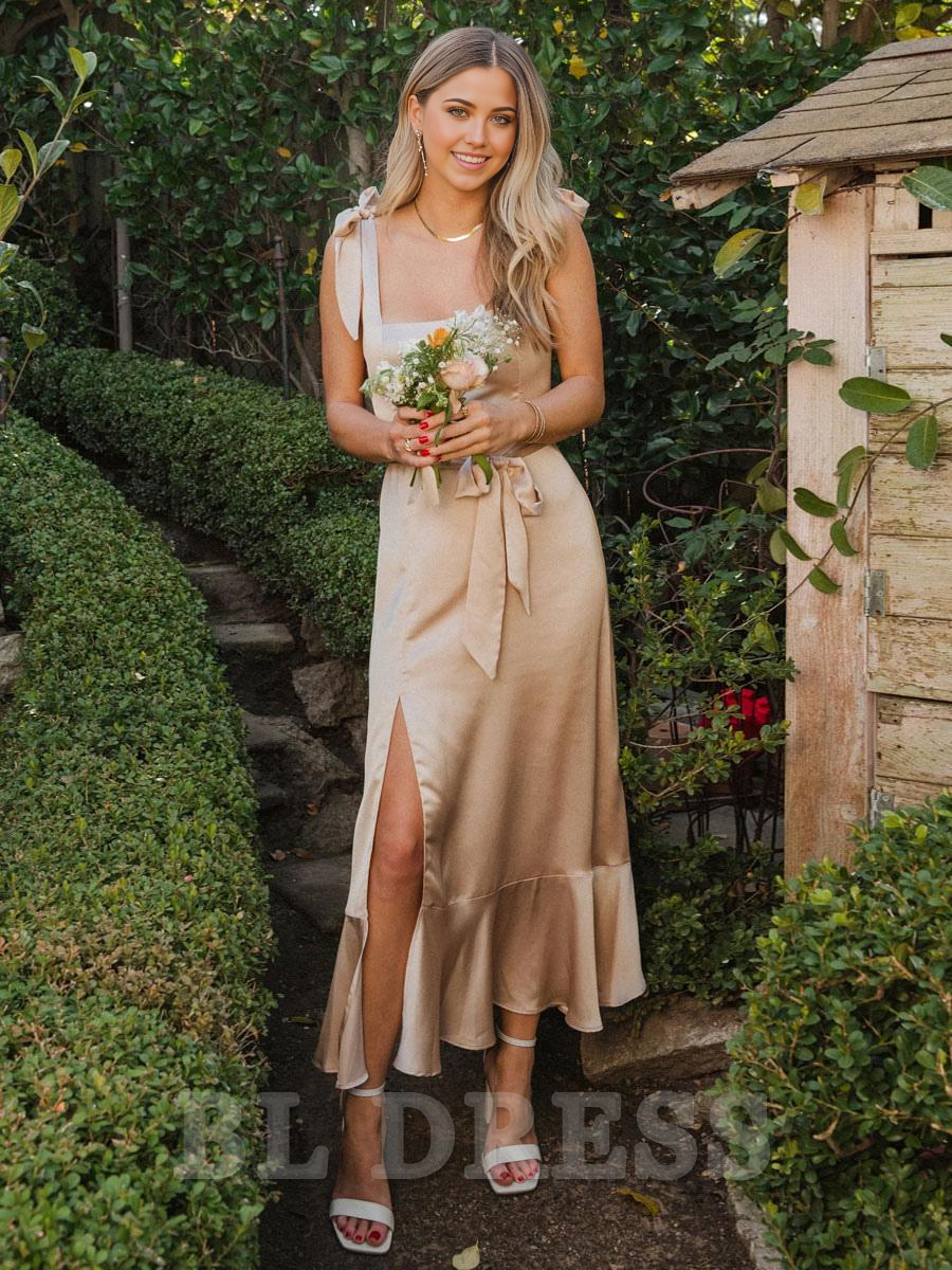 Elegant A-line tea-length dress with a square neck and backless design.