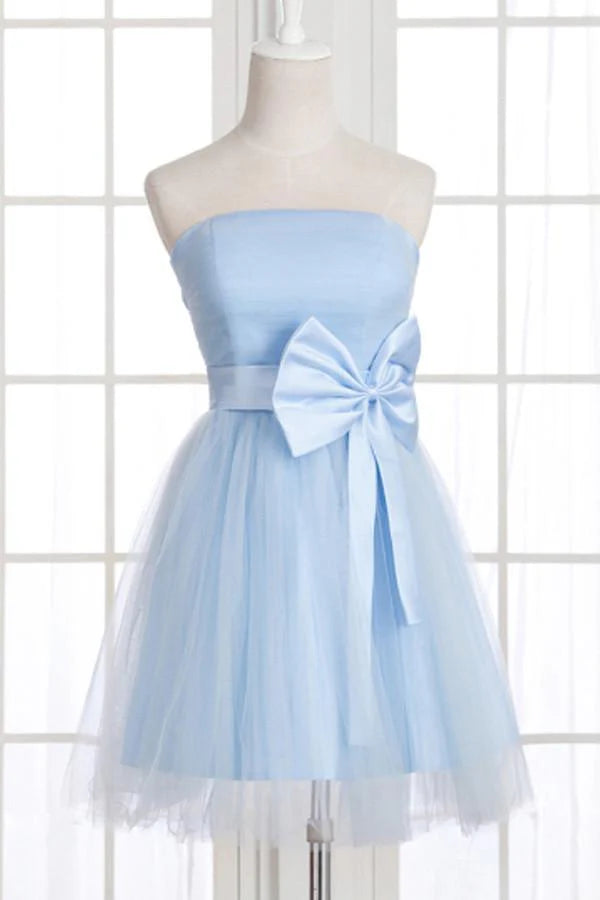 A-line strapless short prom dress with a large bowknot on the back, shown from the front.