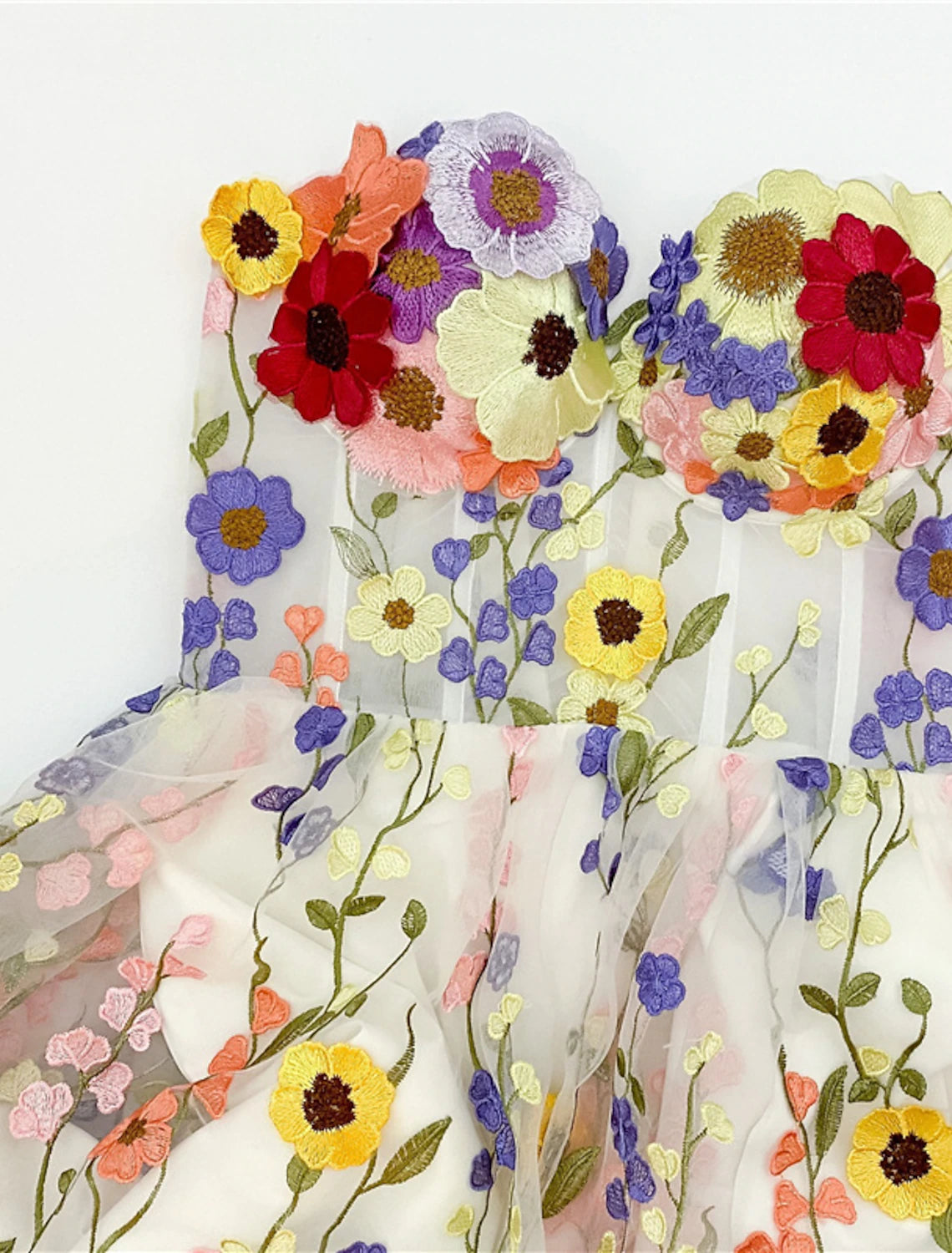 Close-up of floral appliques on tulle fabric.