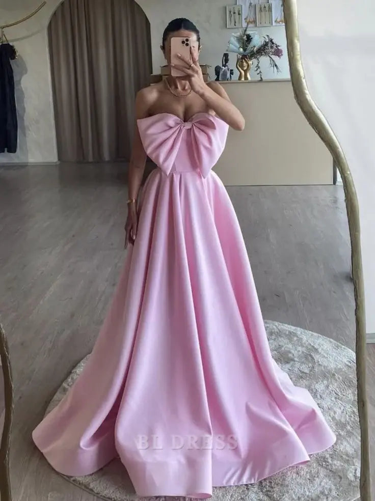 Elegant pink satin A-line strapless long formal dress.