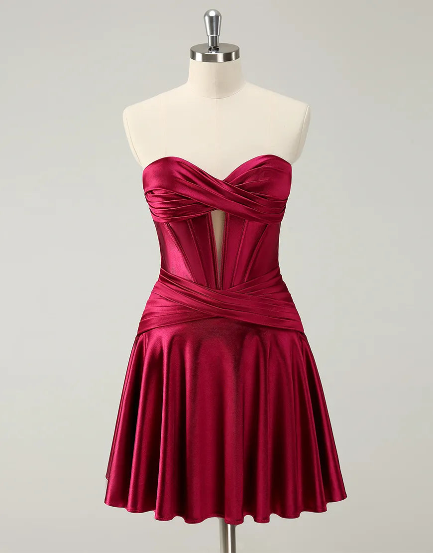 Front view of an A-Line strapless satin ankle-length homecoming dress.