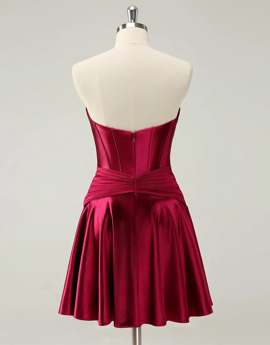 Side view of an A-Line strapless satin ankle-length homecoming dress.