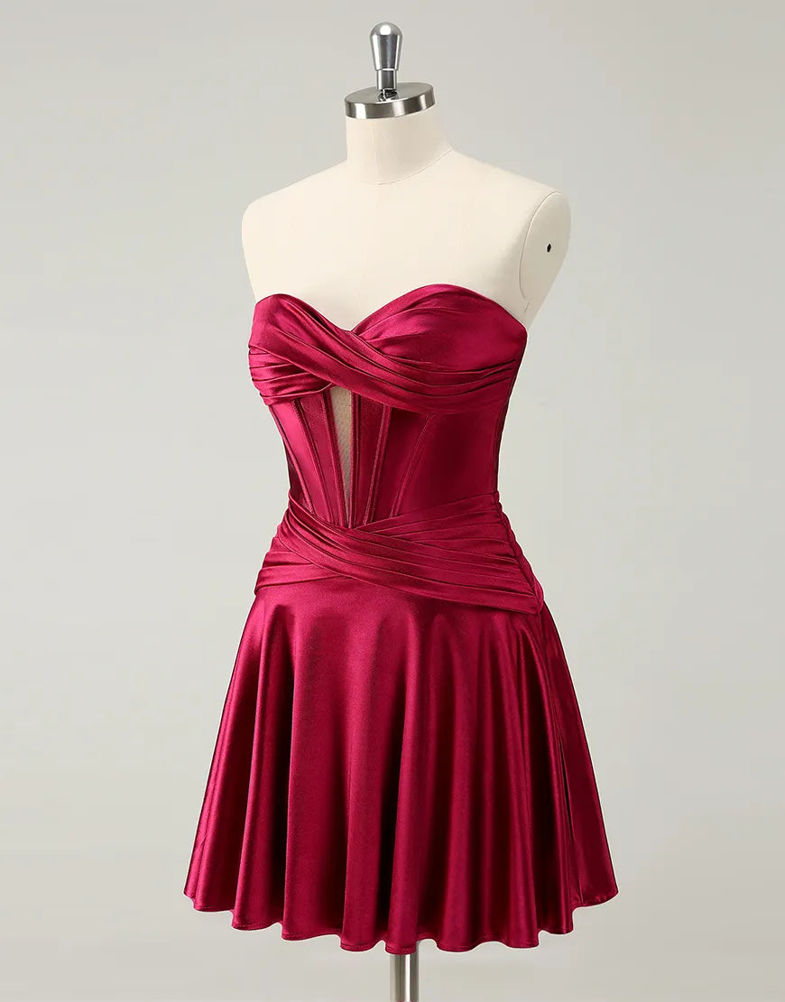 Back view of an A-Line strapless satin ankle-length homecoming dress.