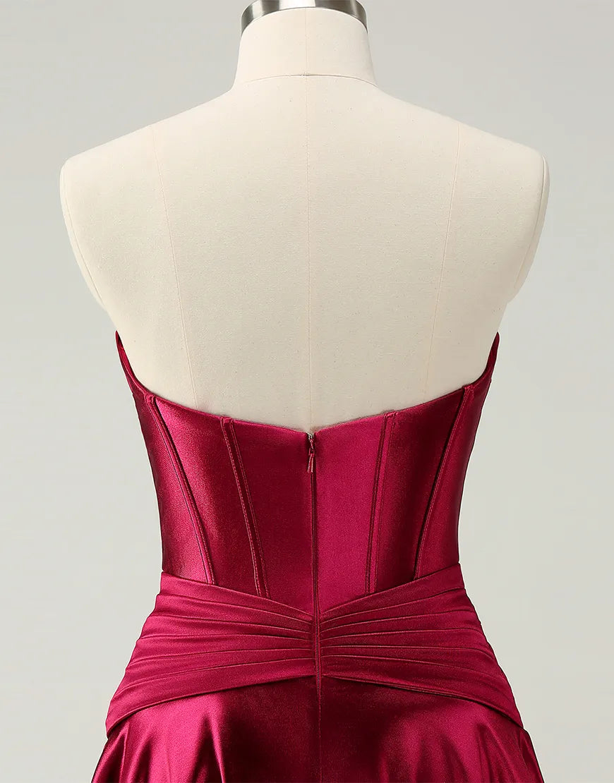 Close-up of the smooth satin fabric on the A-Line strapless dress.