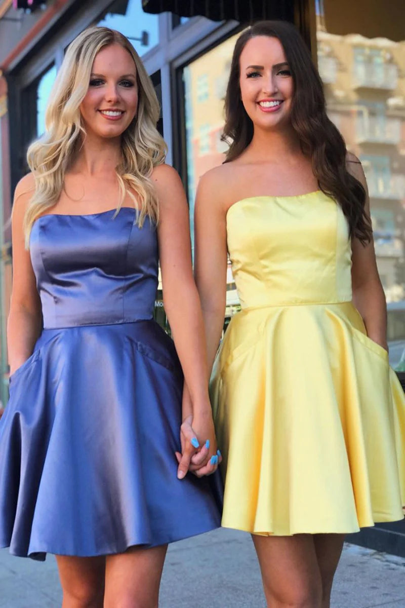 Elegant A-line strapless satin homecoming dress.