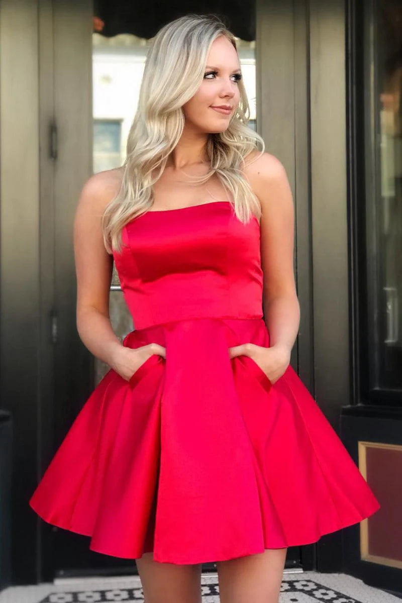 Close-up of satin fabric and strapless neckline.