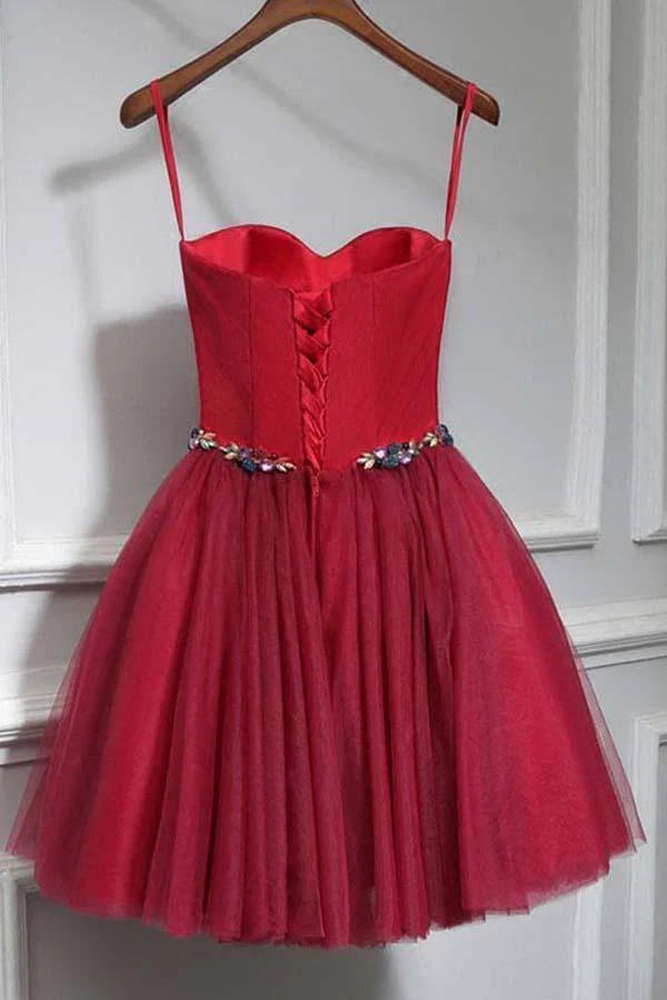 Another view of the chic A-line short homecoming dress.