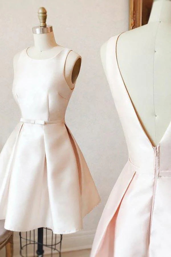 Model wearing a chic A-line V-back short satin homecoming dress.
