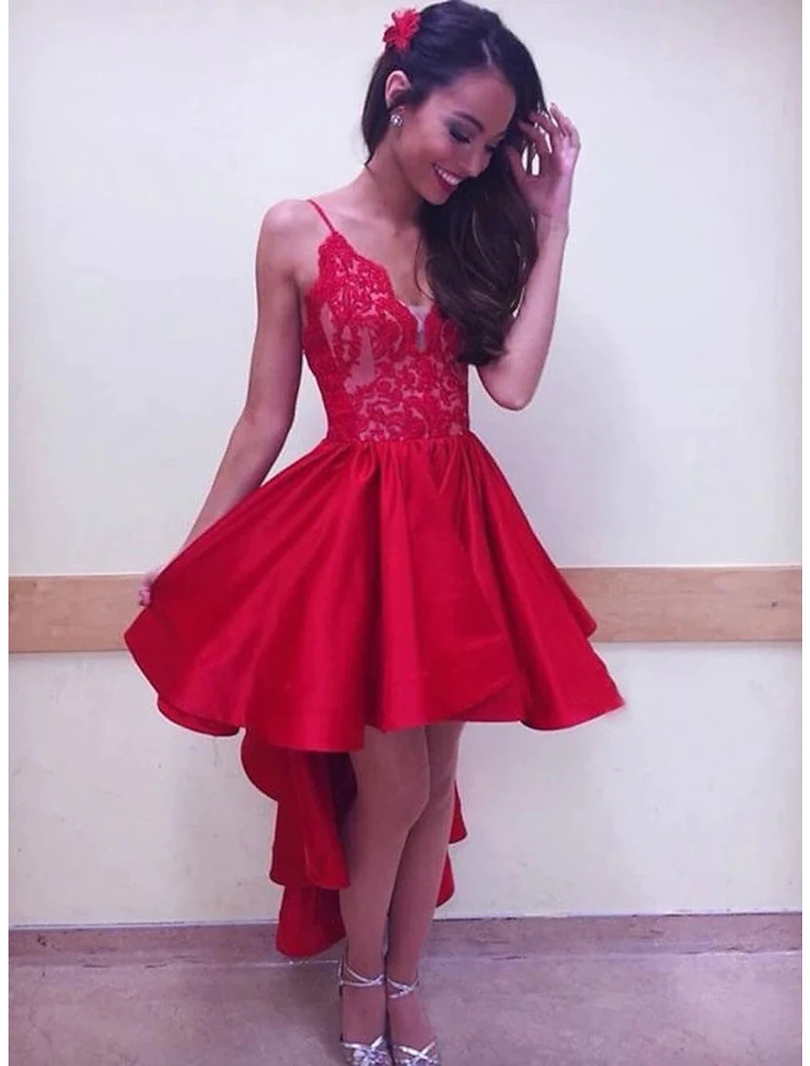 Back view of the A-Line V-Neck Asymmetrical Pleated Satin Prom Homecoming Gown.