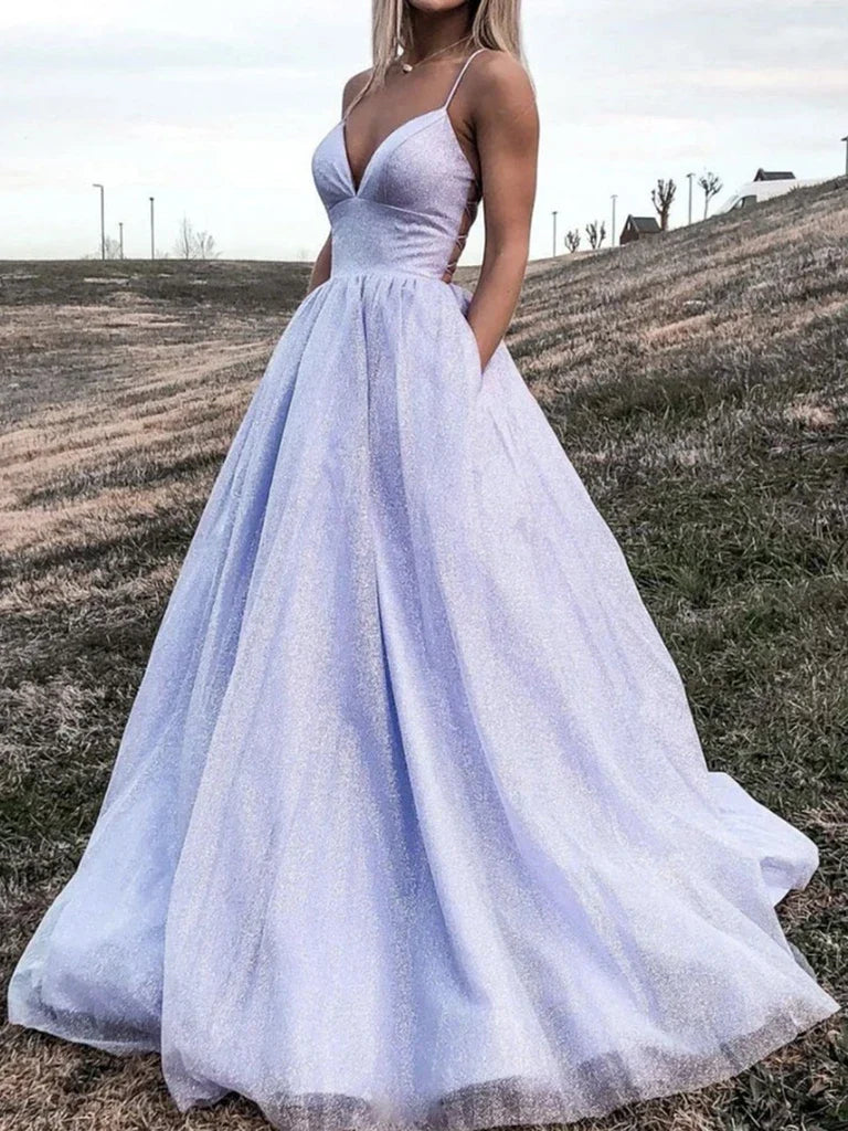 Elegant A-line V-neck backless long prom dress.
