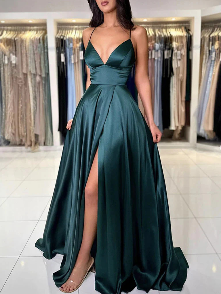 Elegant A-line V-neck backless satin long prom dress.