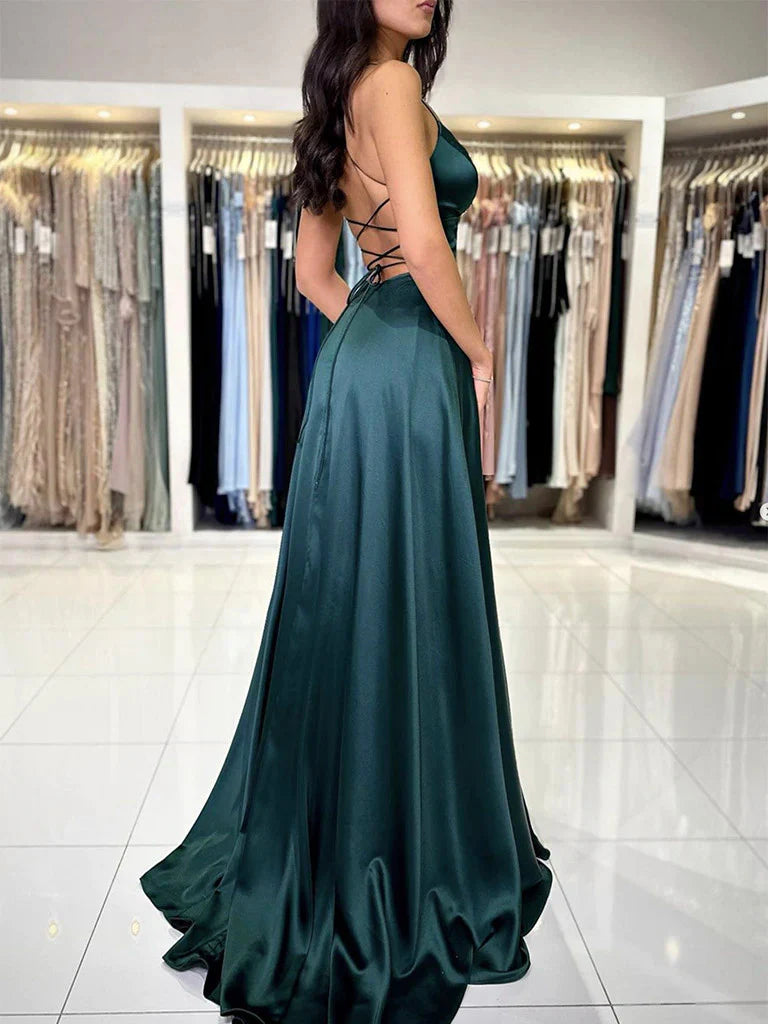 Back view of the A-line V-neck backless satin long prom dress.