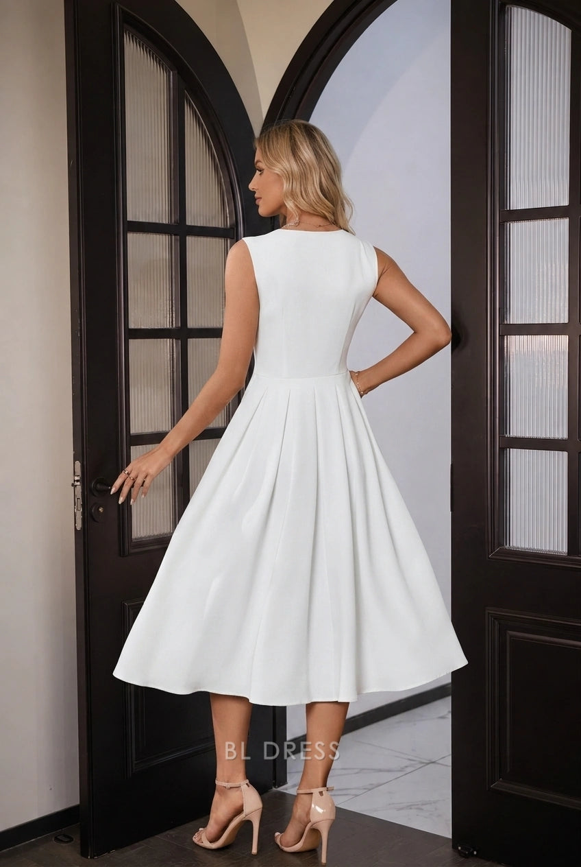 Side profile of the white sleeveless A-line midi dress with button front.