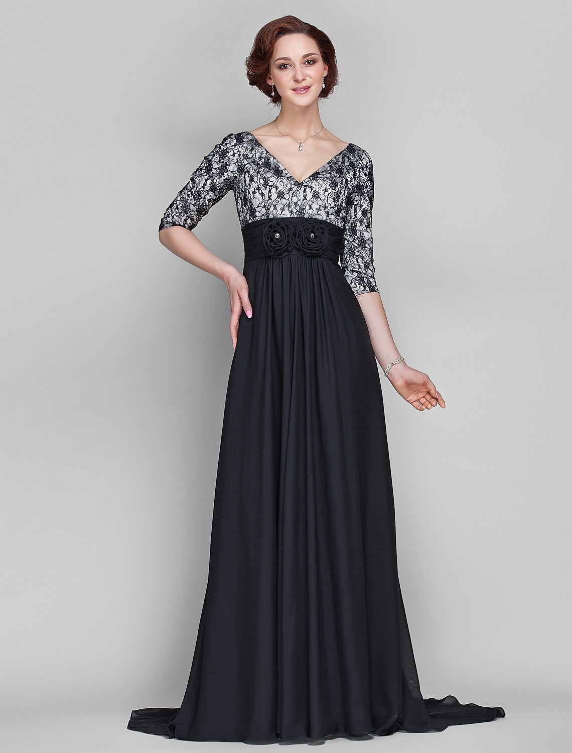 Elegant A-line Mother of the Bride dress with V-neckline and half sleeves.