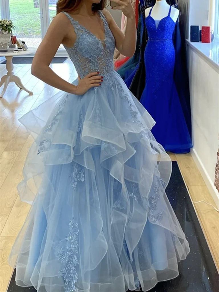 Elegant A-line V-neck lace long prom gown.