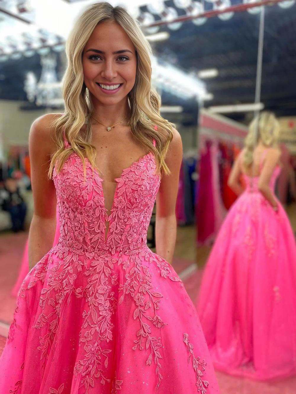 Close-up of the lace detail on the A-line V-neck long prom dress.