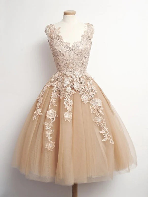 A-line V-neck short dress with lace detailing, suitable for prom or homecoming.