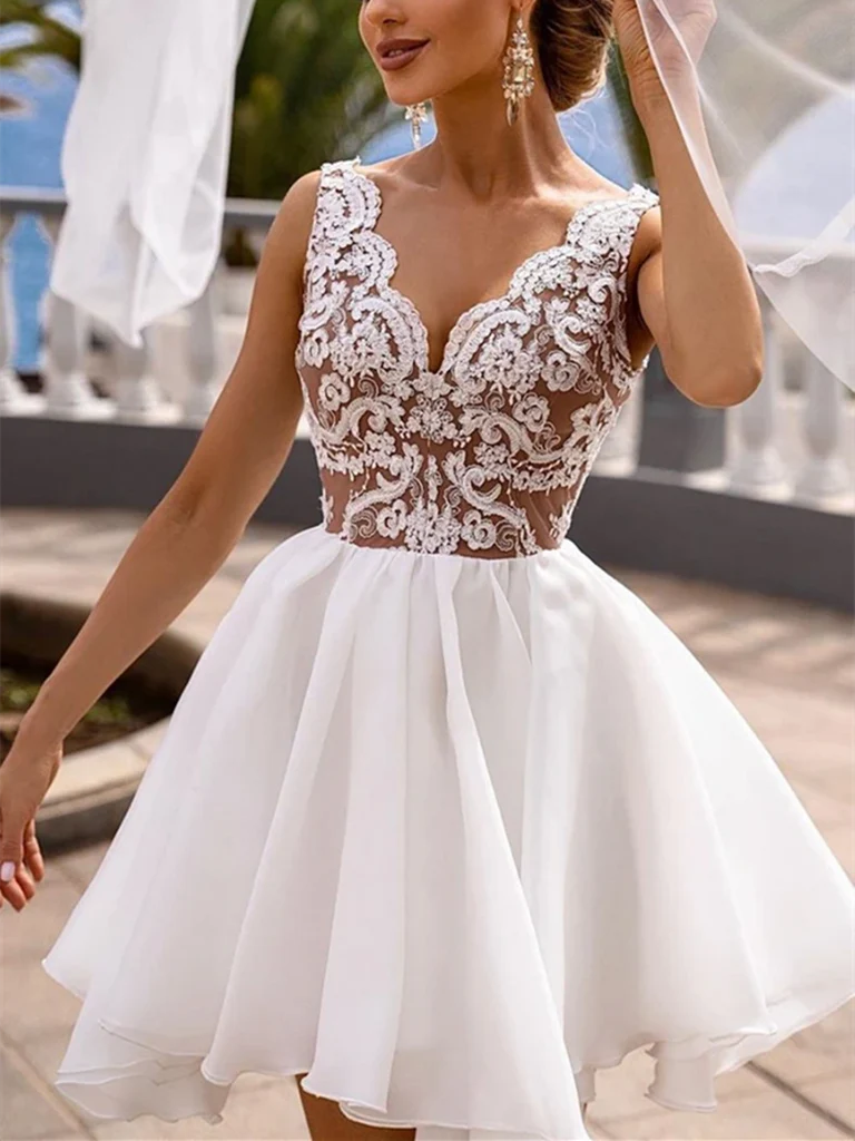 Elegant A-line V-neck lace short dress for prom.