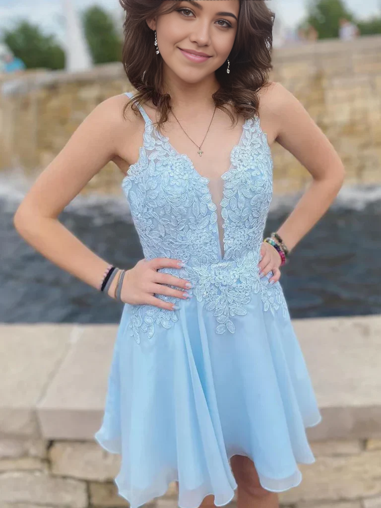 Woman wearing a short A-line V-neck lace dress.