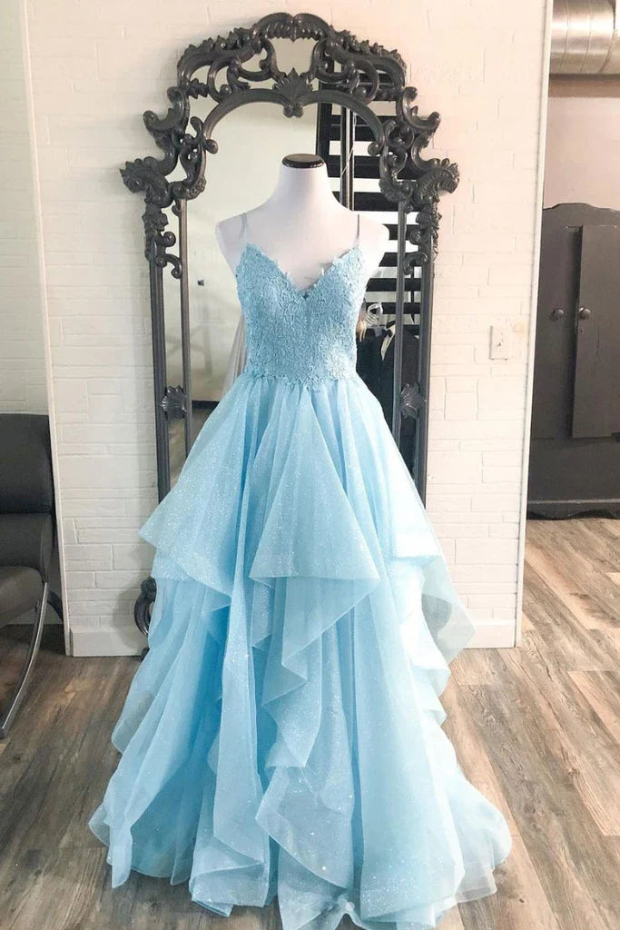 Front view of an elegant A-line V-neck lace tulle long prom dress.