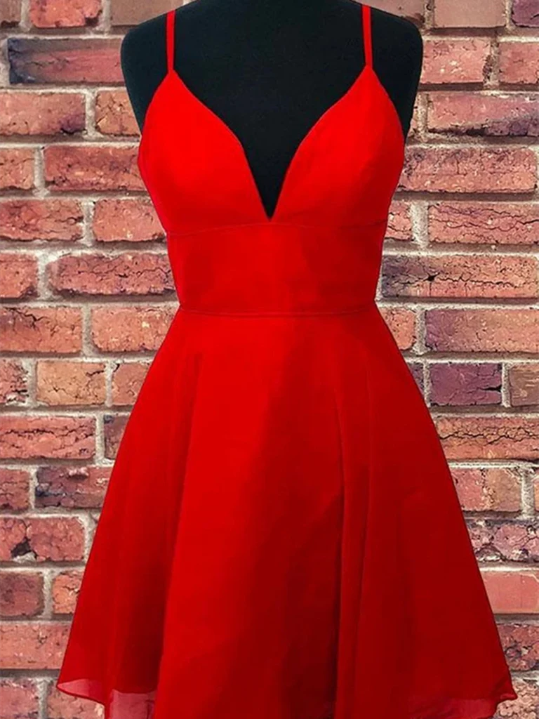 A-Line V-neck short prom dress with open back detail.
