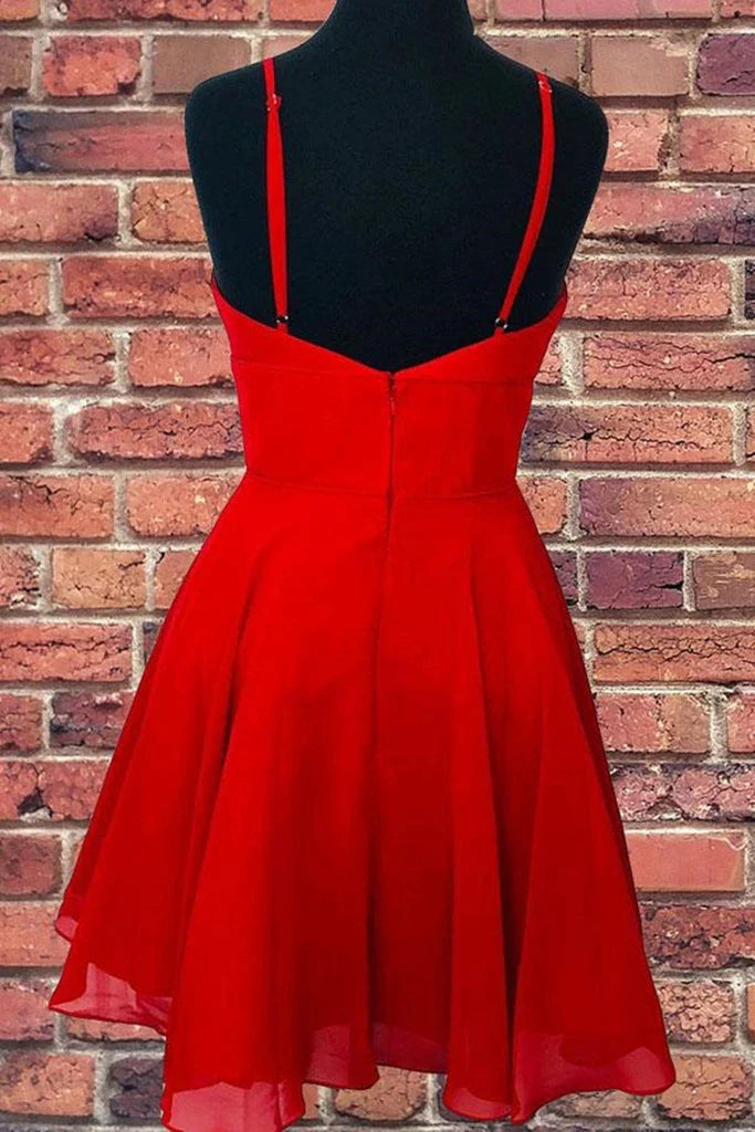 Back view of an A-Line V-neck short prom dress, highlighting the open back.