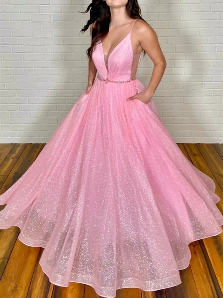 Elegant A-line V-neck long prom dress in pink and blue.