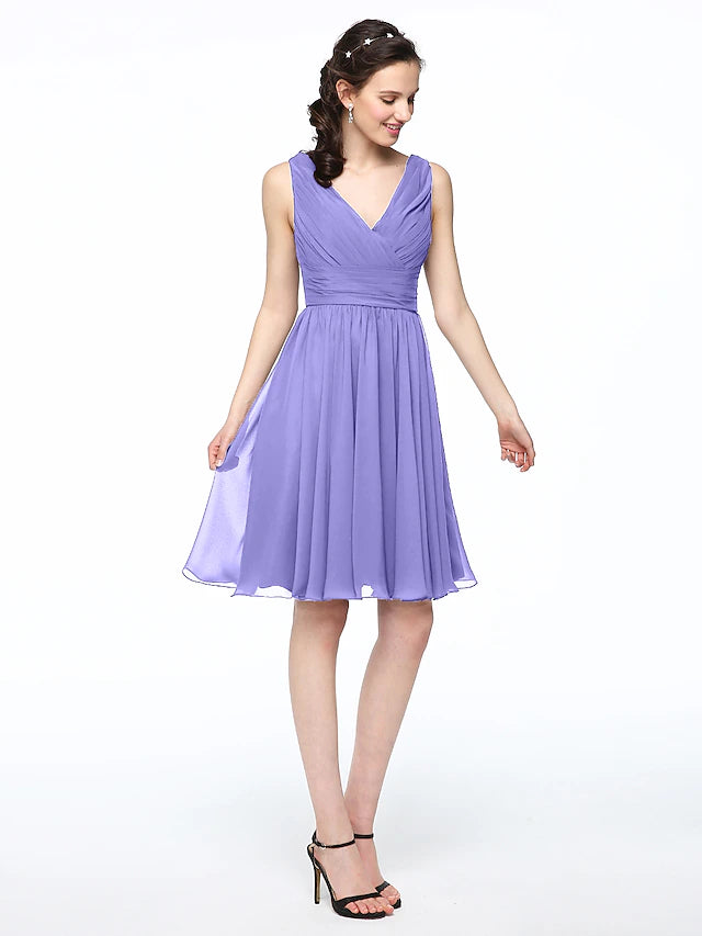 Side view of A-Line V-neck chiffon pleated short bridesmaid dress.