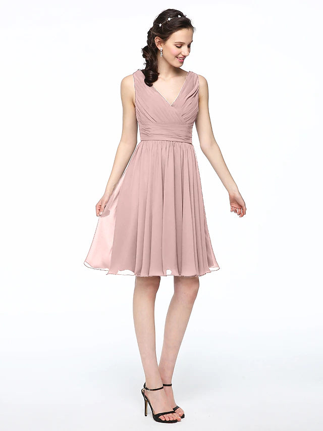 Back view of A-Line V-neck chiffon pleated short bridesmaid dress.
