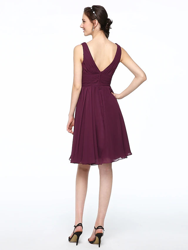 Model wearing A-Line V-neck chiffon short dress.