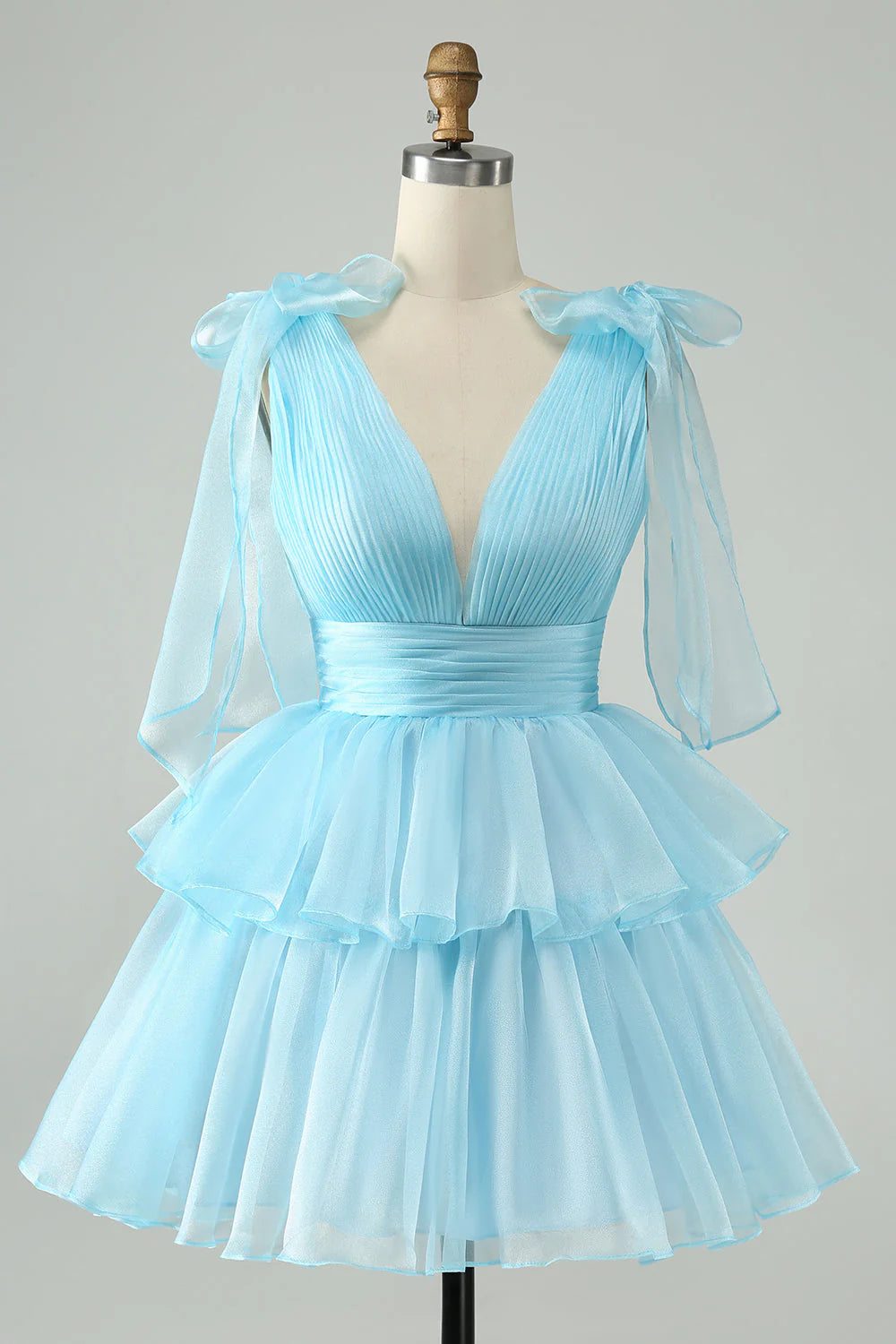 A-line V-neck pleated tiered short homecoming dress.