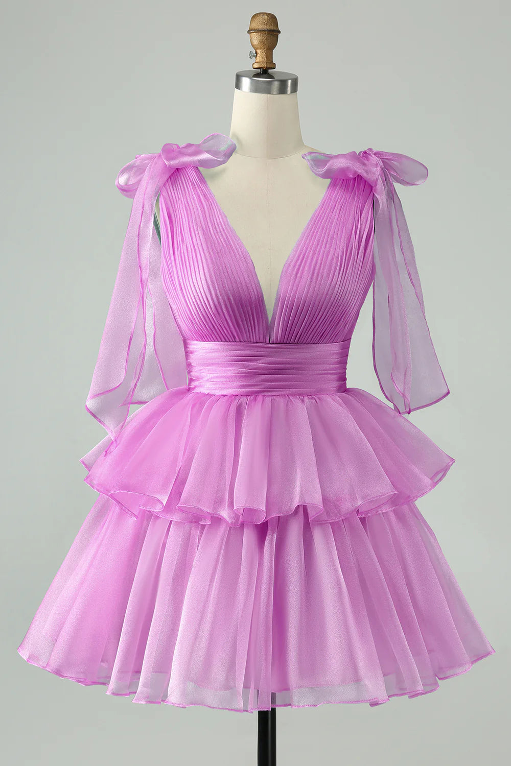 Full length view of the A-line V-neck pleated tiered short homecoming dress.