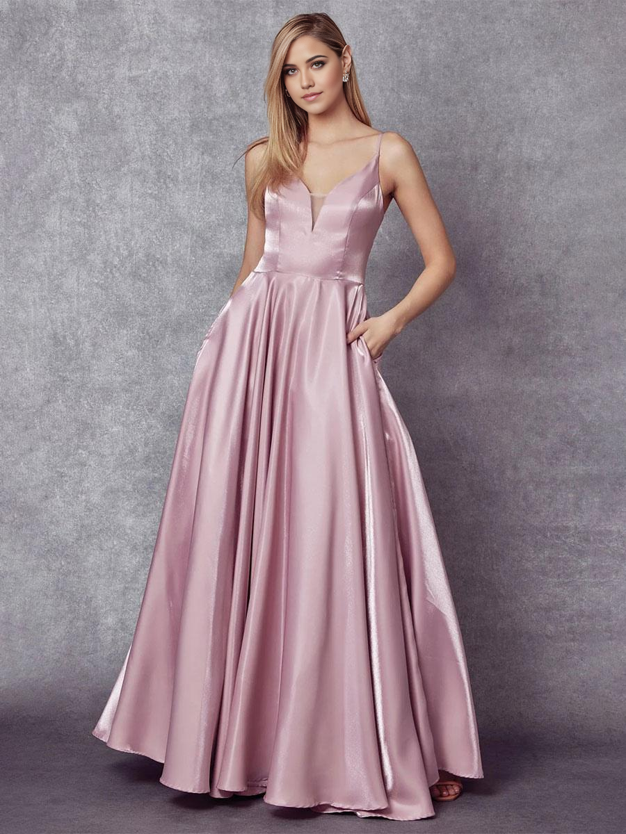 Elegant A-Line V-neck satin formal dress.