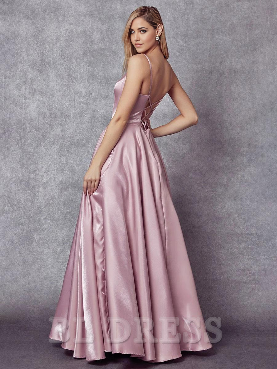 Side view of the A-Line satin evening gown.