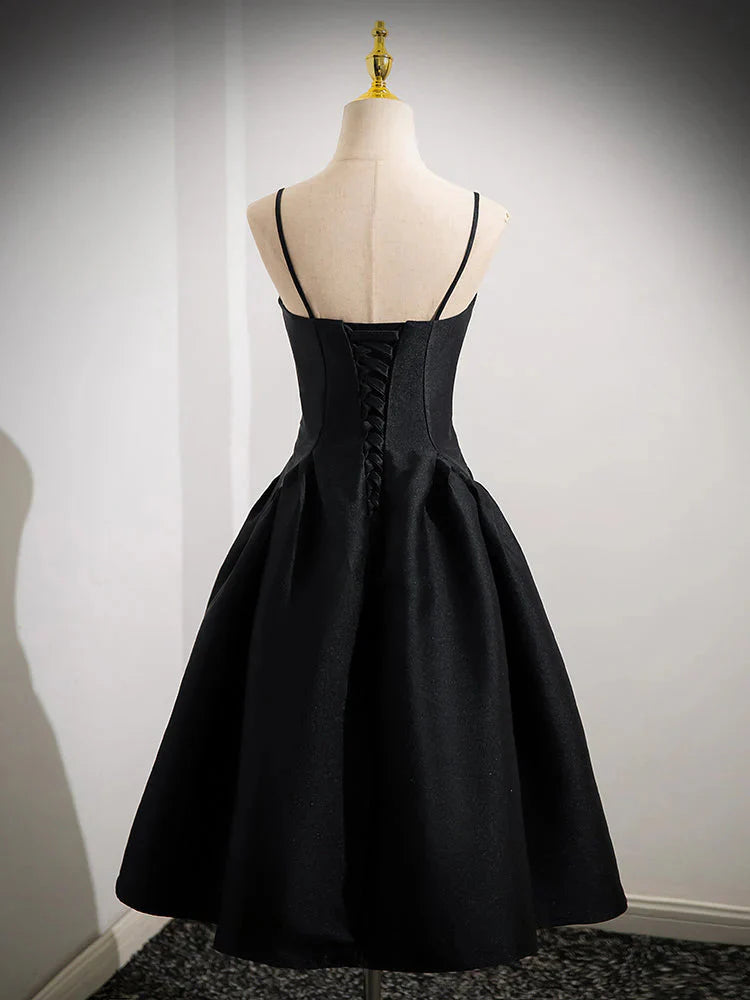 Back view of an A-line V-neck short satin formal prom dress.