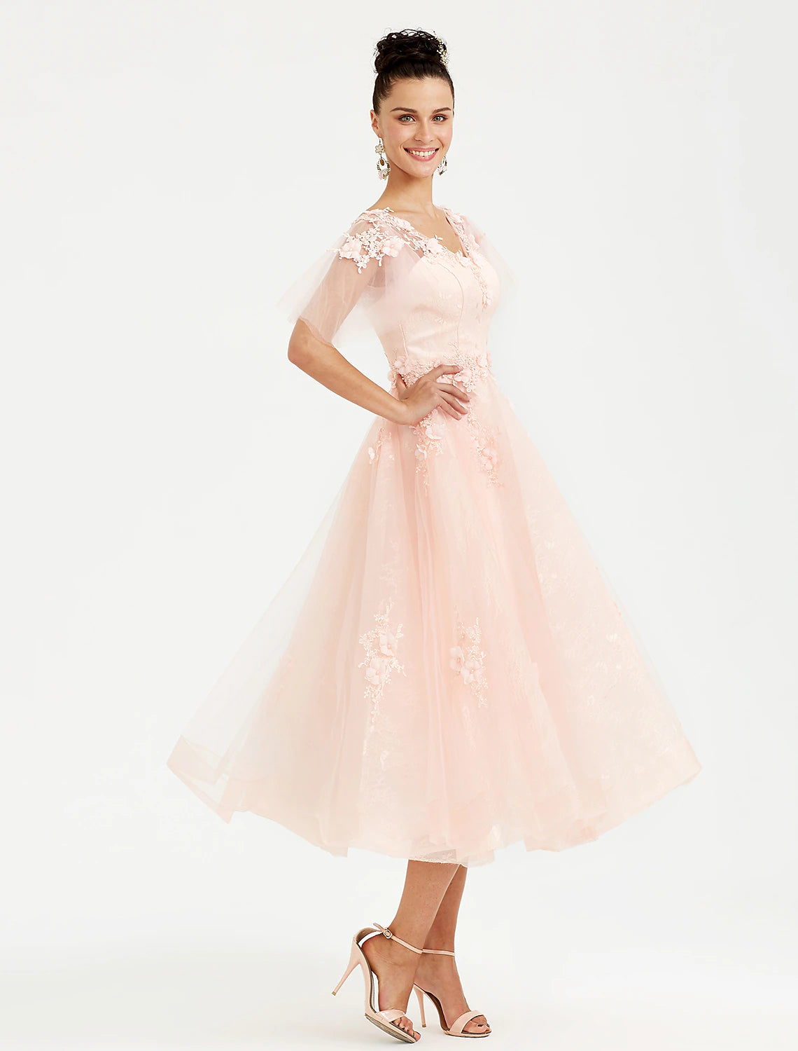 Side view of the A-Line V-Neck dress, showcasing tulle appliques.