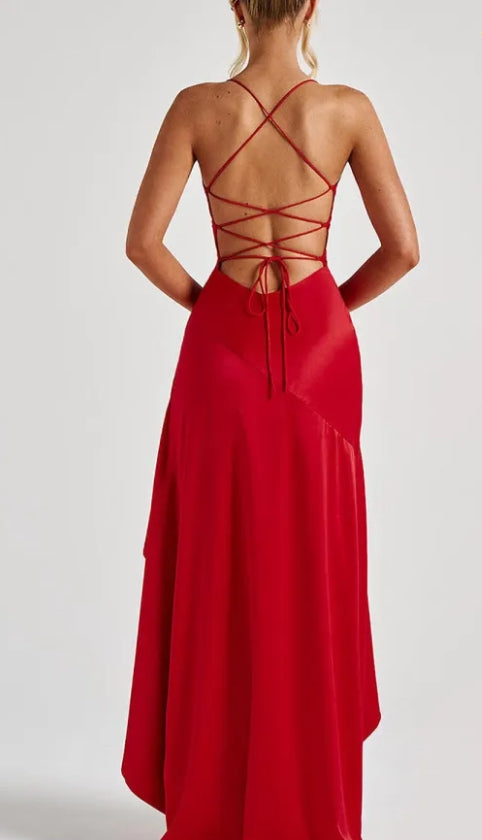 Close-up of the ruffle edge and irregular hem on the party dress.