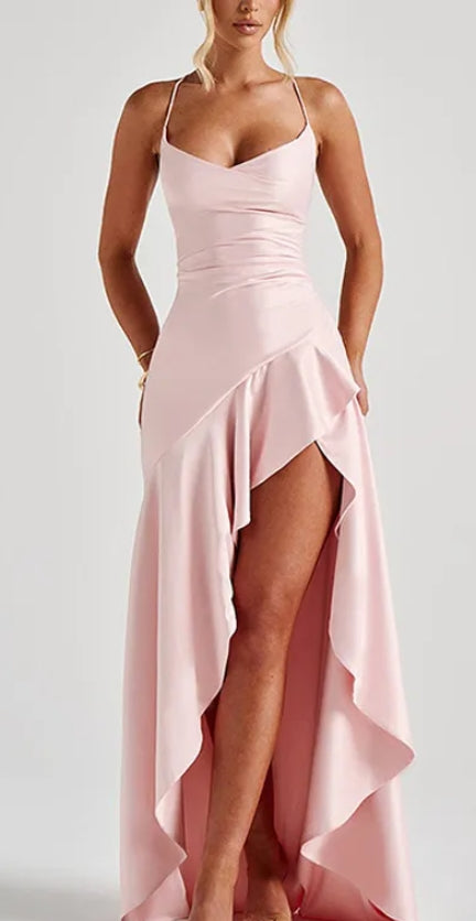 Full length view of the backless ruffle dress, perfect for evening events.