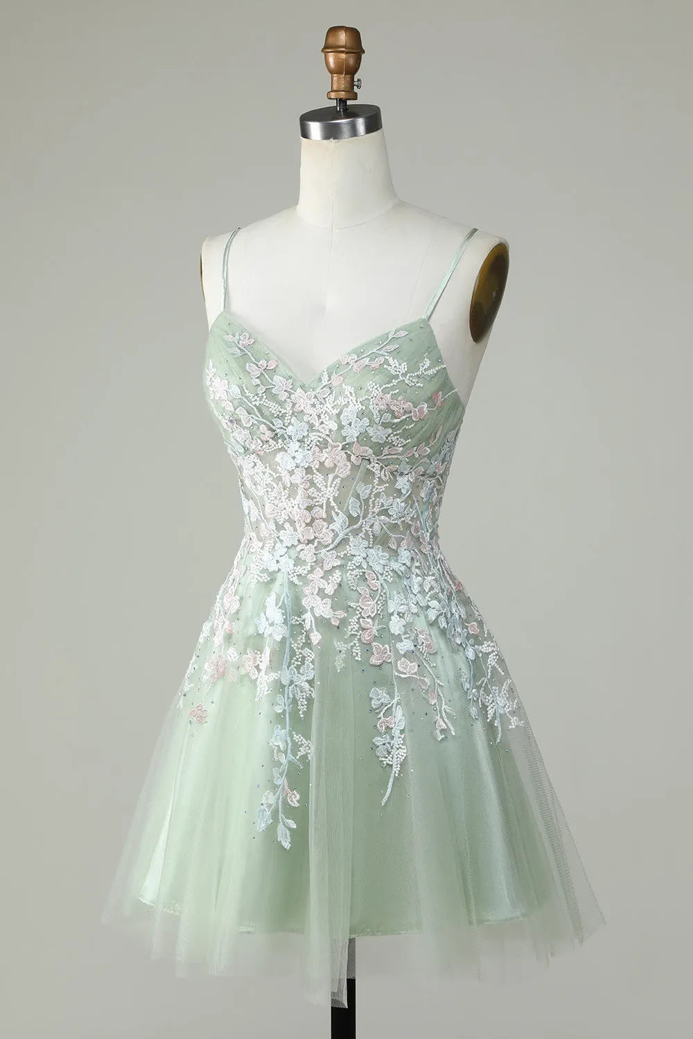 Full length view of the short A-line homecoming dress with spaghetti straps.