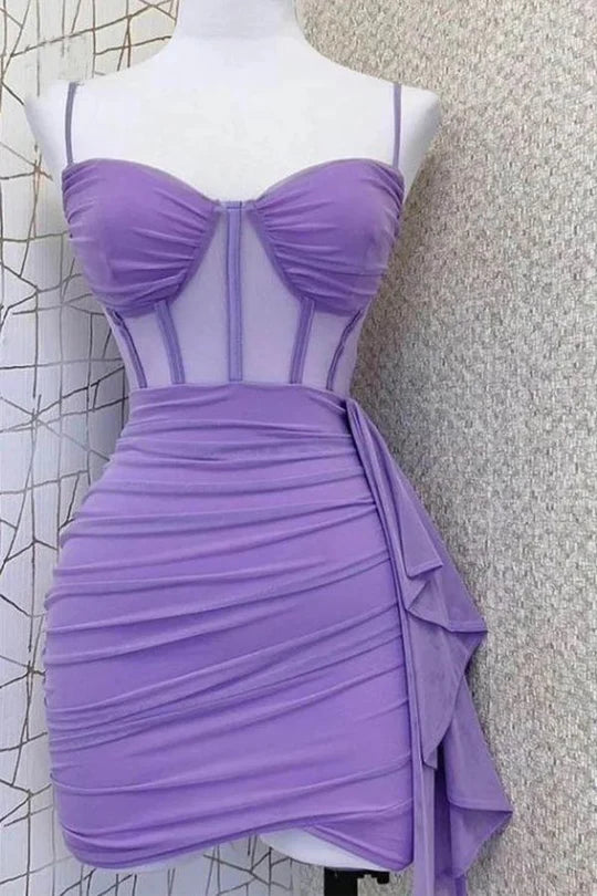 Front view of a chic A-line V-neck pleated mini dress with spaghetti straps.