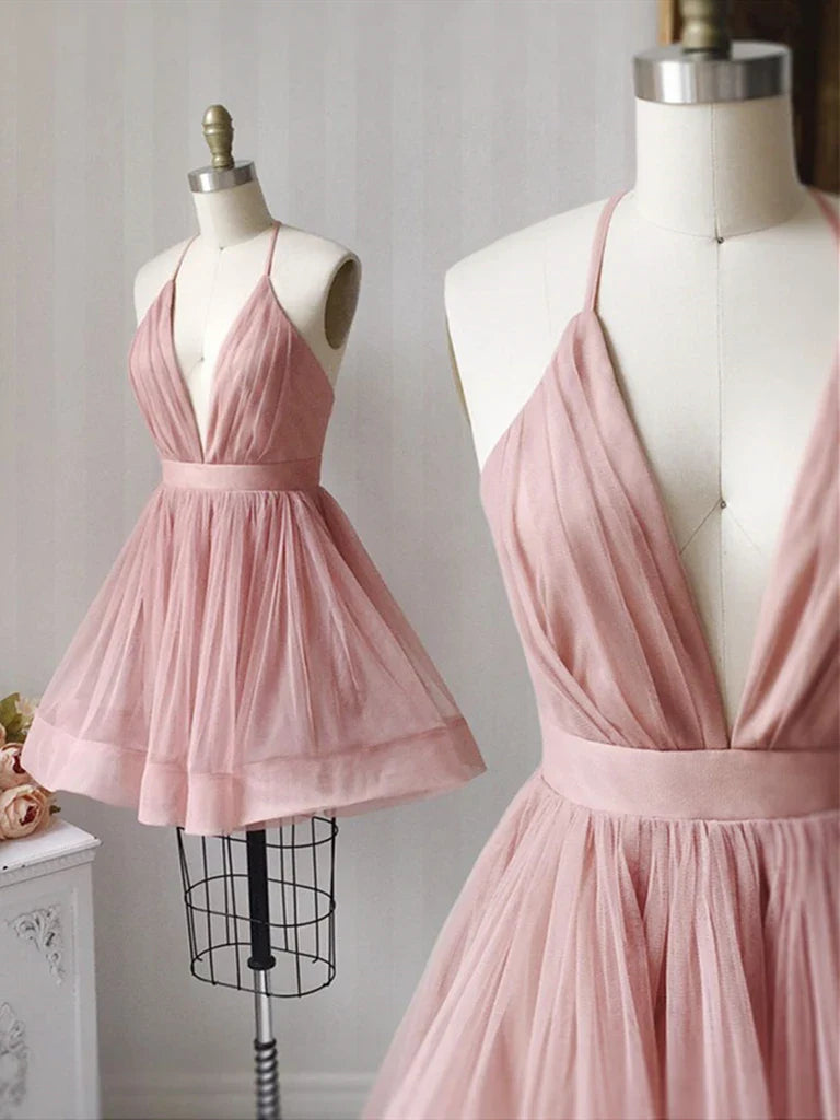 Model wearing a chic A-line V-neck tulle short formal evening gown.