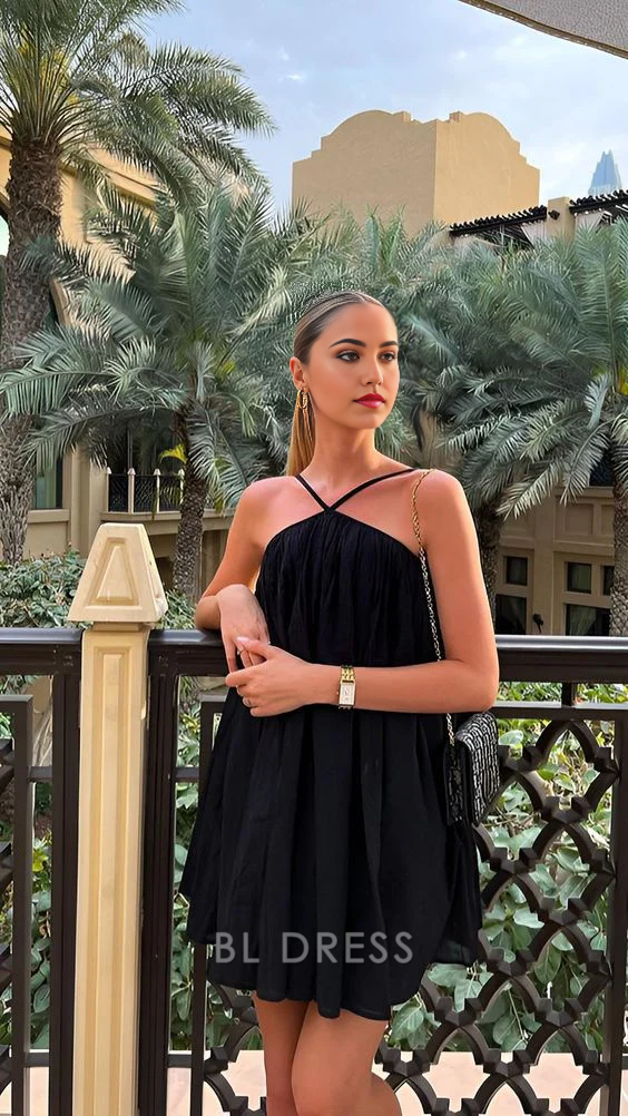Black short halter A-line dress.